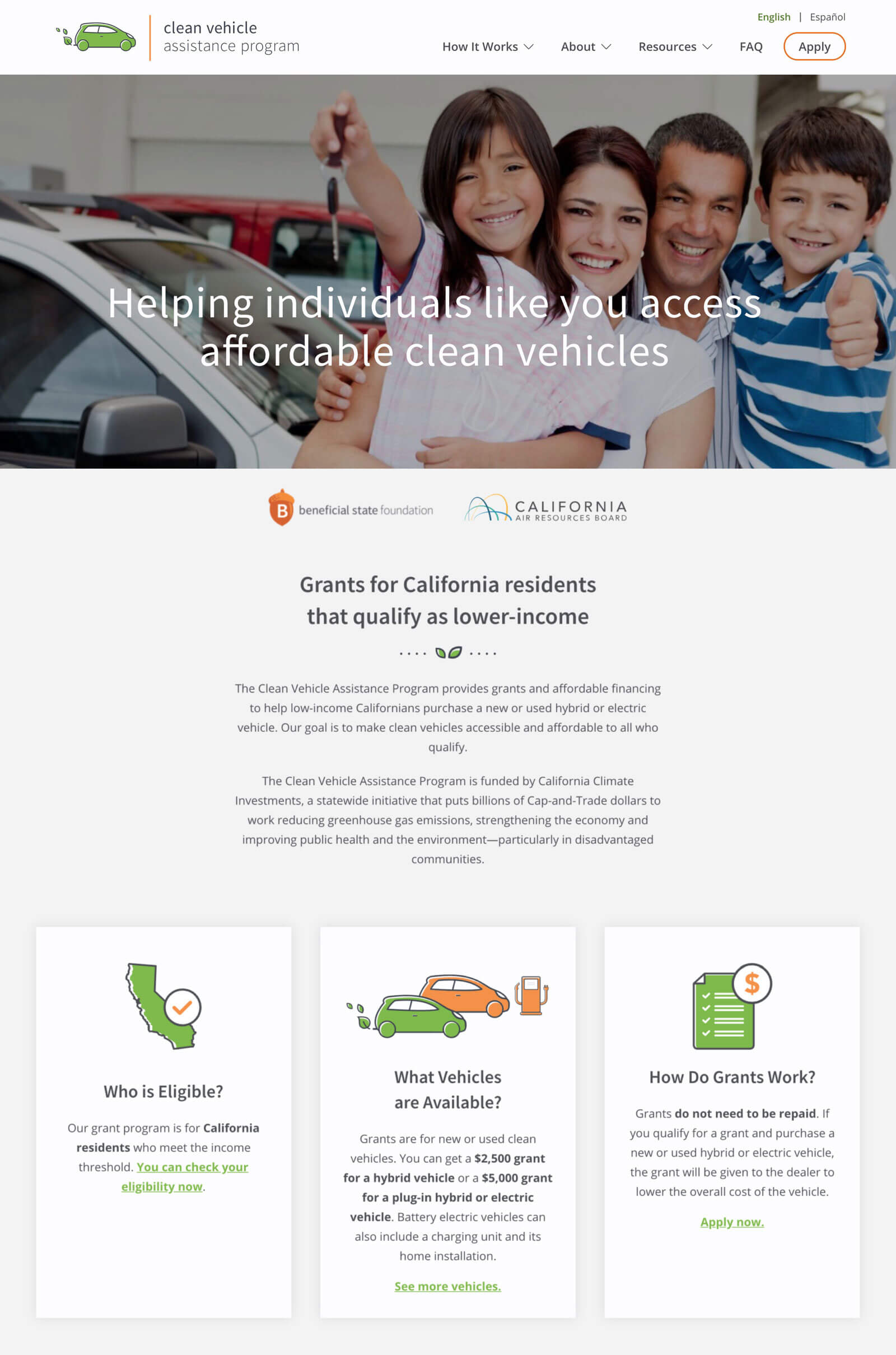 A page from Clean Vehicle Assistance Program website showing a happy family of four and information