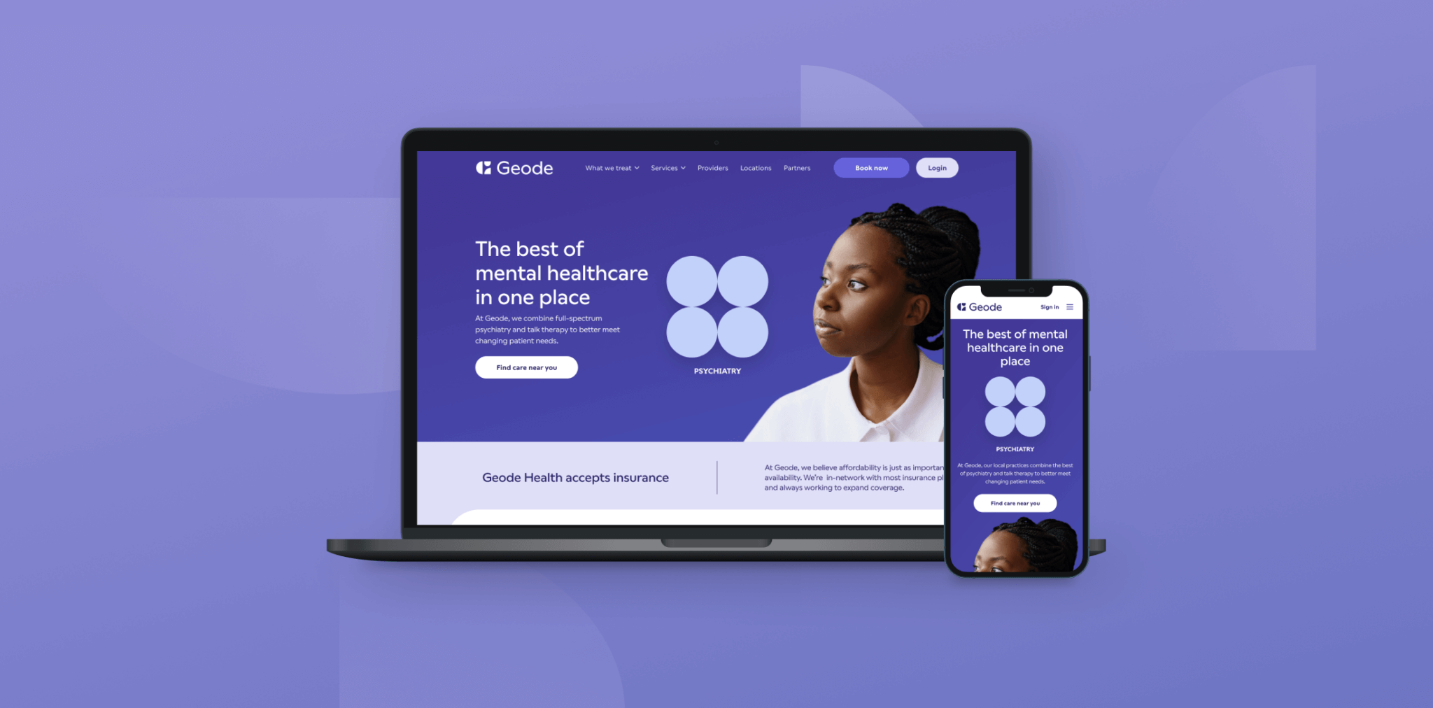 Desktop and mobile device mock-up of Geode Health home page. It shows off the design elements, circles and rounded edges. There is a mono-coloured purple theme.
