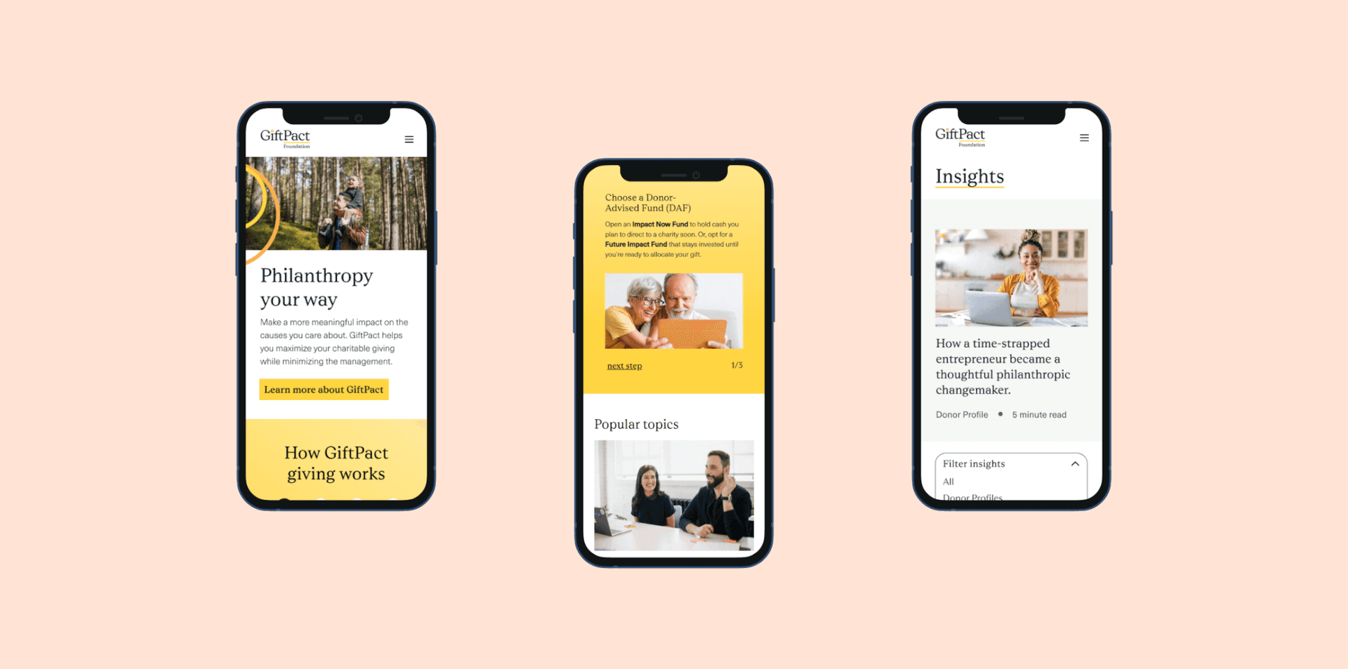 GiftPact website on three mobile screens
