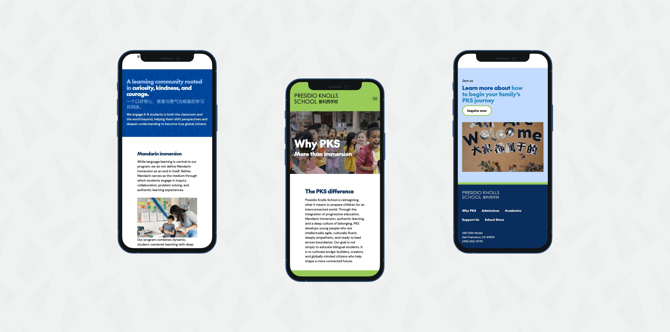 Presidio Knolls School site on three mobile screens