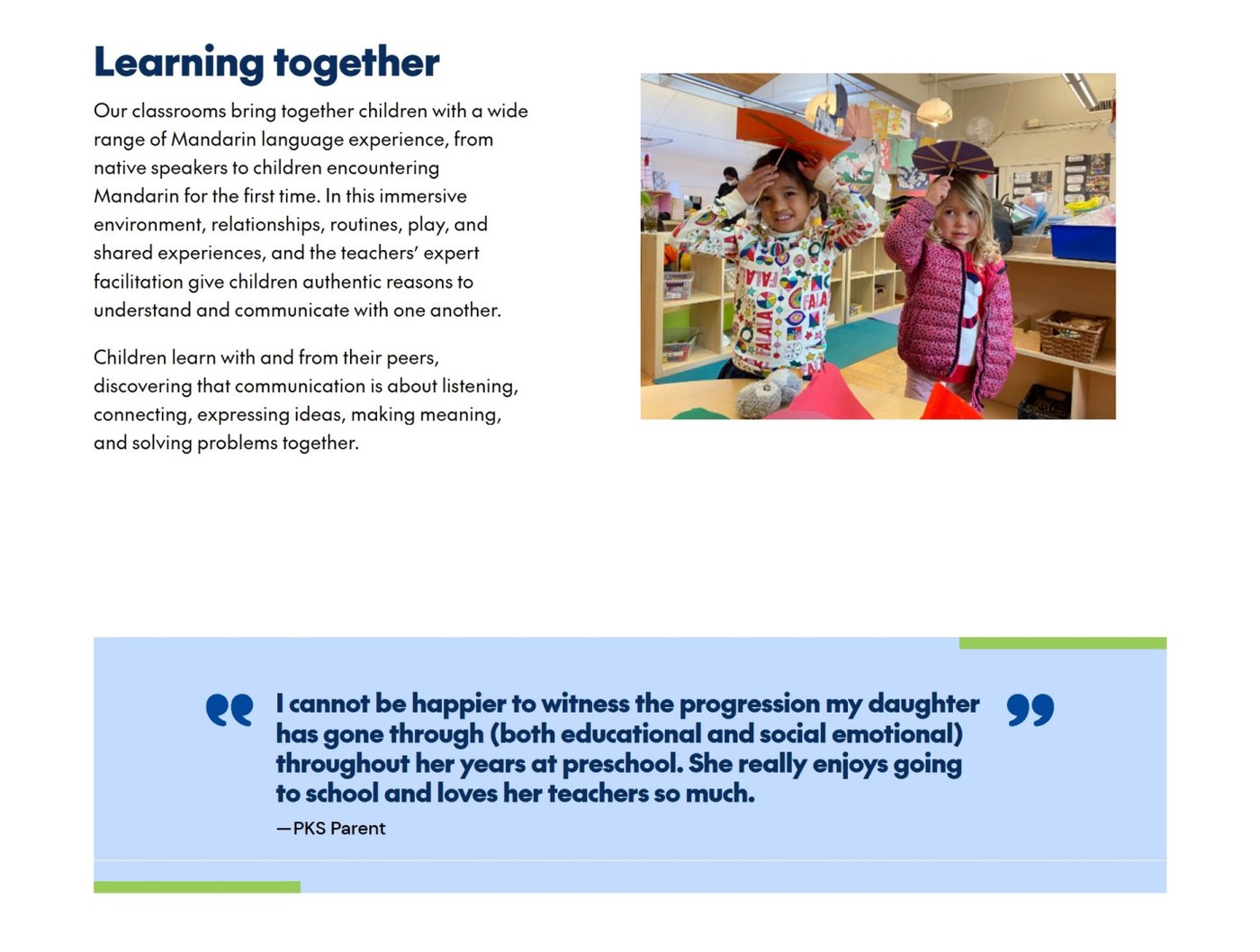 Presidio Knolls School site screenshot: Learning together section and a parent testimonial
