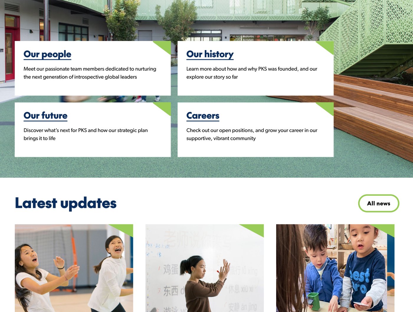 Presidio Knolls School site screenshot: Our people, Our history, Our future and Careers cards above Latest updates