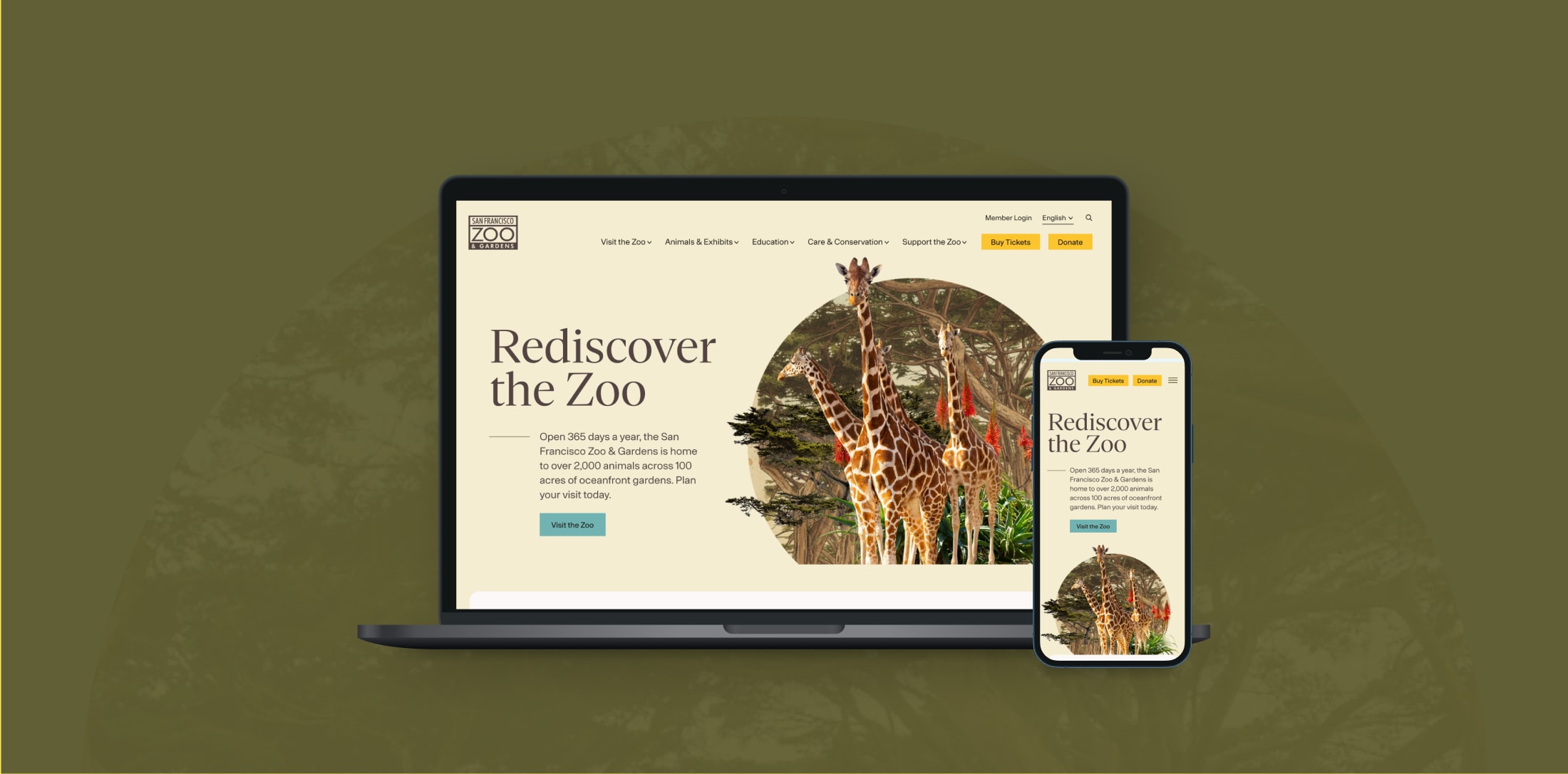 San Francisco Zoo & Gardens home page, Rediscover the Zoo, shown on a laptop and a phone