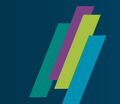 Four overlapping angled bands in teal, purple, lime green, and blue on a dark blue background