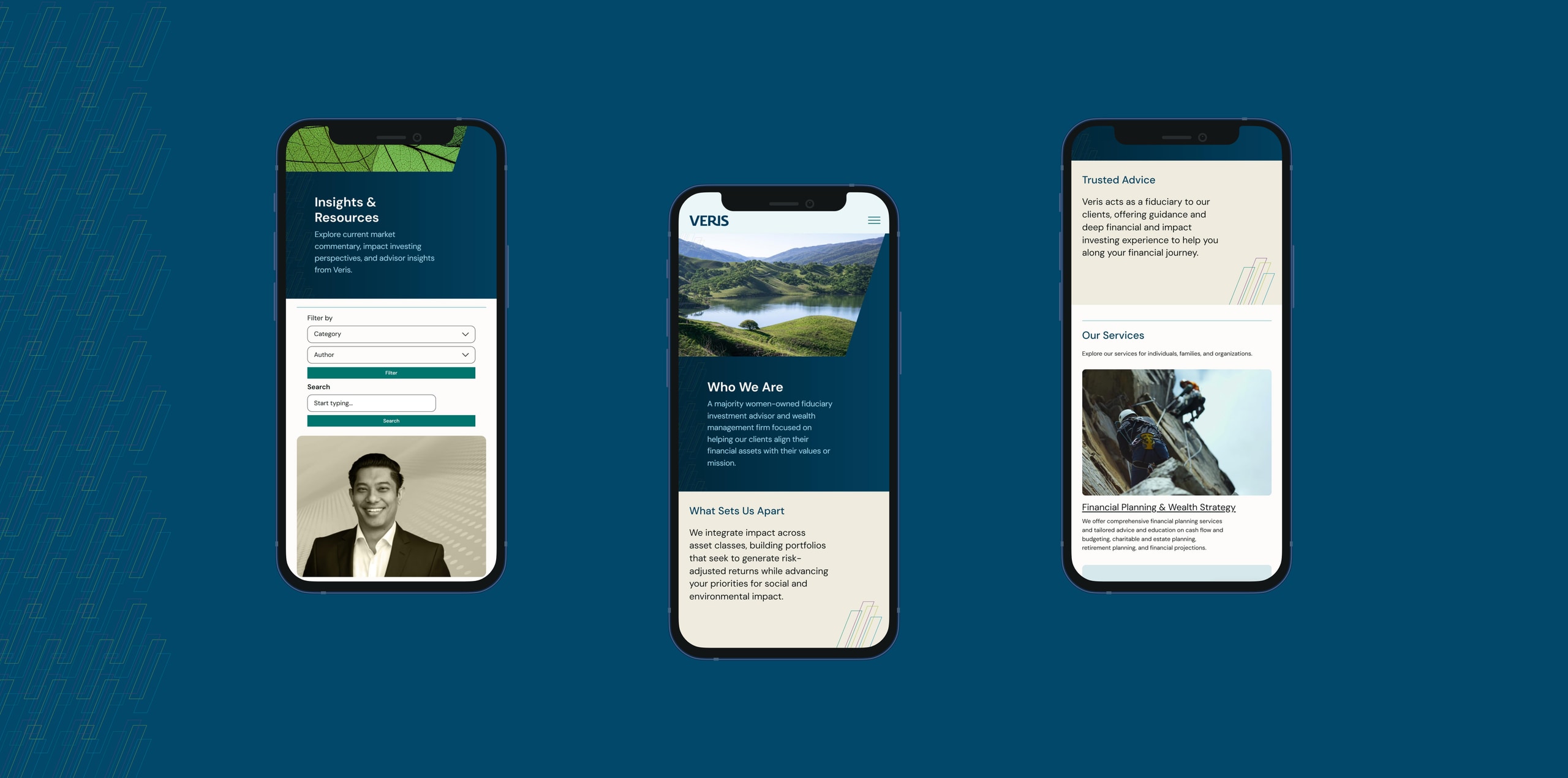 Veris Wealth Partners site on three phones showing Insights & Resources with category and author filters, Who We Are, and the Investment & Advisory Services Trusted Advice section