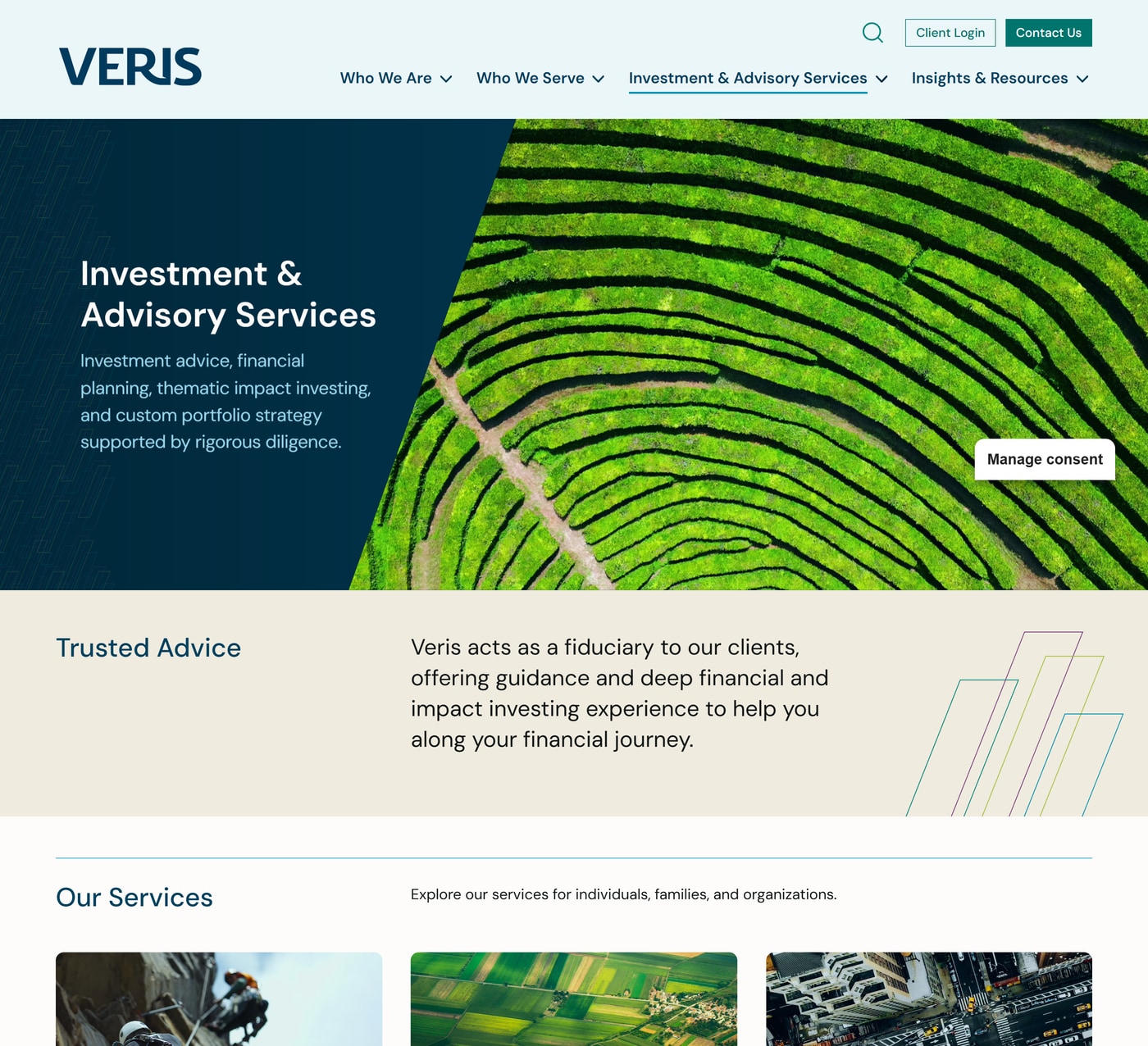 Investment & Advisory Services page with a Trusted Advice section and the start of the Our Services cards