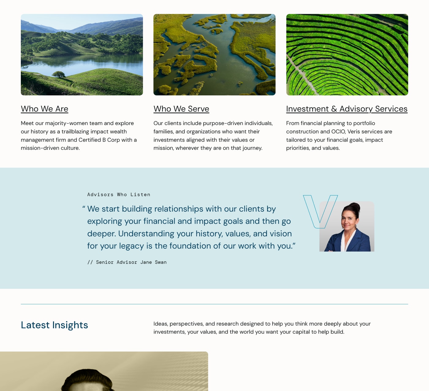 Explore Veris cards above an Advisors Who Listen quote and a Latest Insights heading