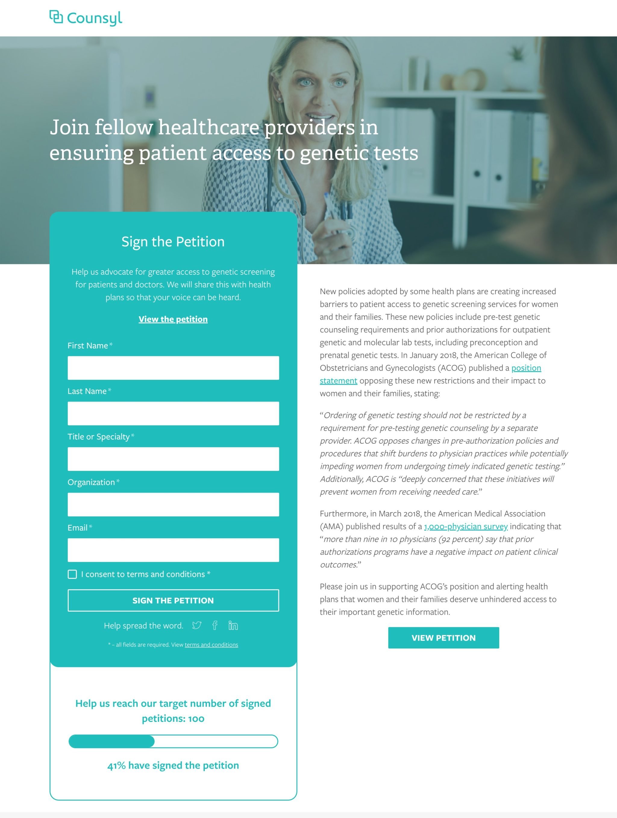 A page from Myriad Women’s Health website showing a form to join the fellow healthcare providers