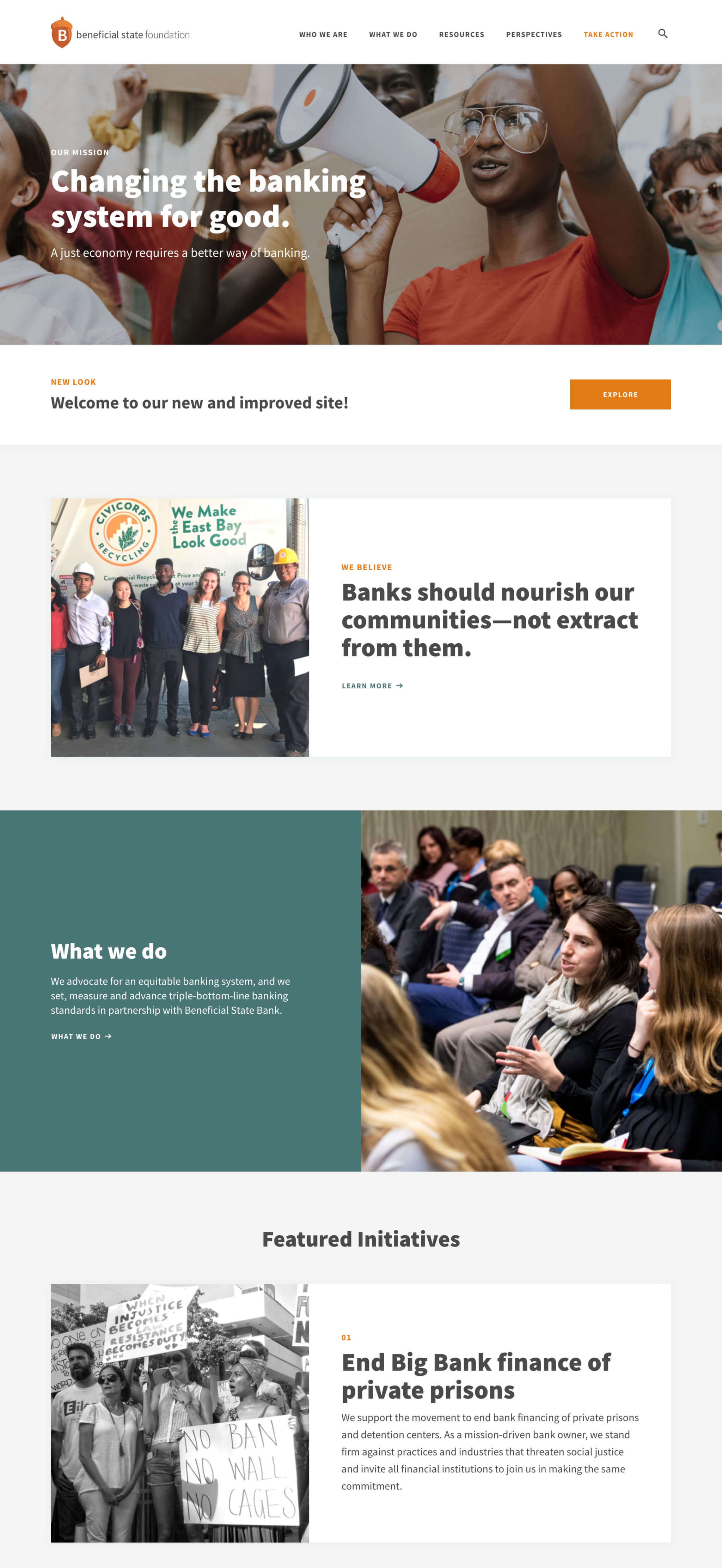 A page from Beneficial State Foundation website showing images and text