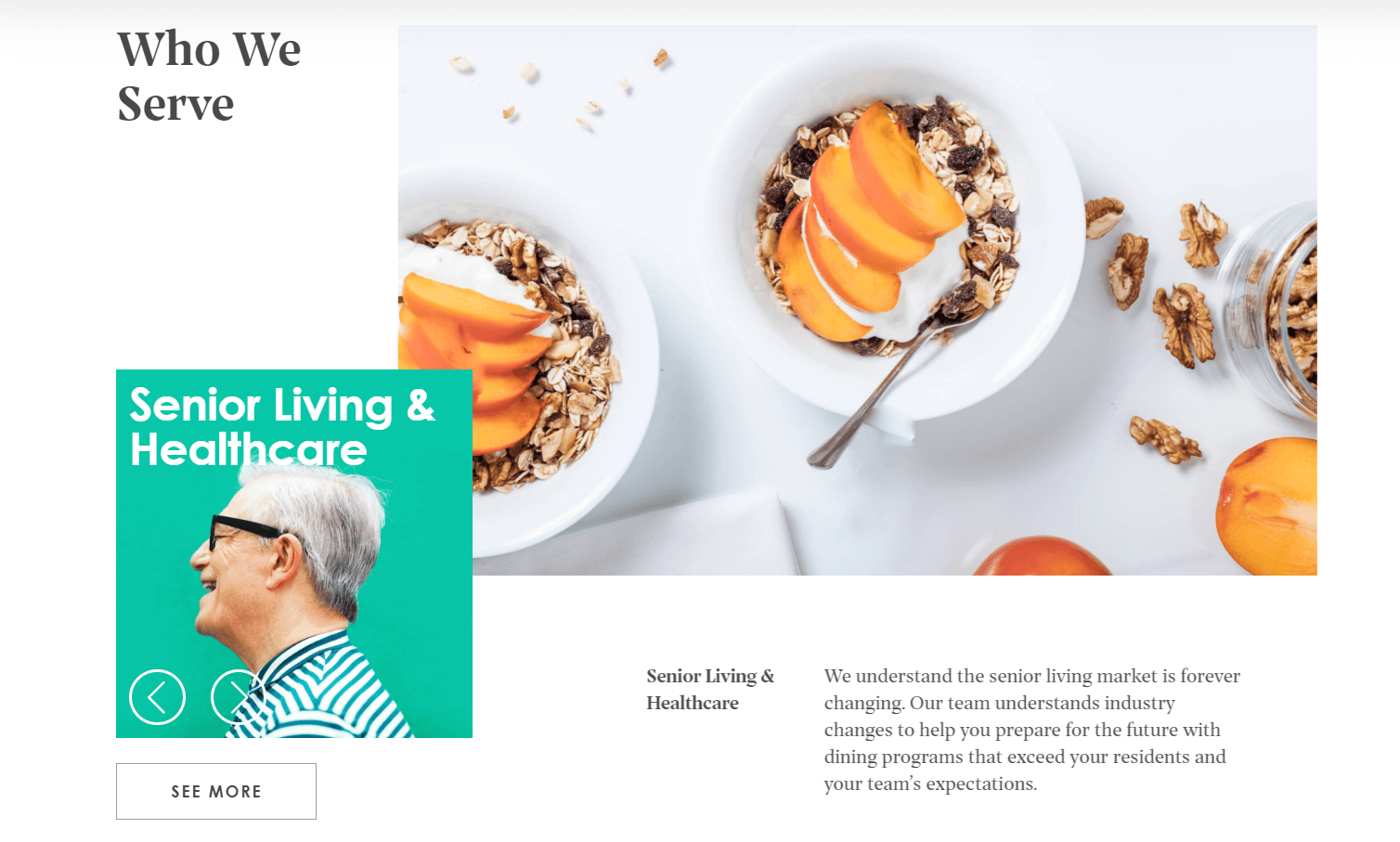 A page from Fresh Ideas Food website showing that they serve for senior living and healthcare