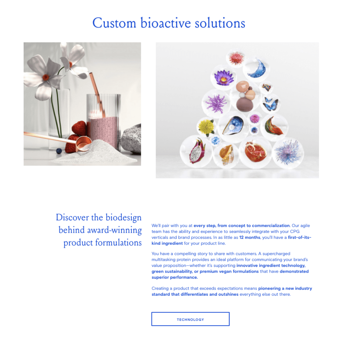A page from Geltor website showing custom bioactive solutions