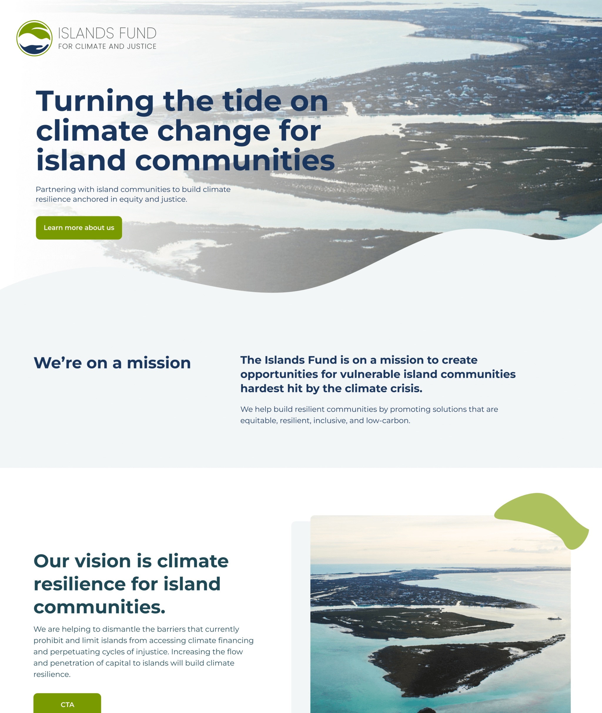 A homepage screenshot of The Islands Fund for Climate and Justice. The feel of the design is wide open and clean.