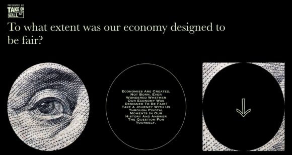 A page from Take on Wall St website with graphics of an eye and black circles
