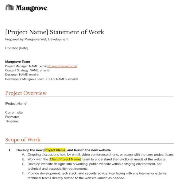 Screenshot of Mangrove scope of work document