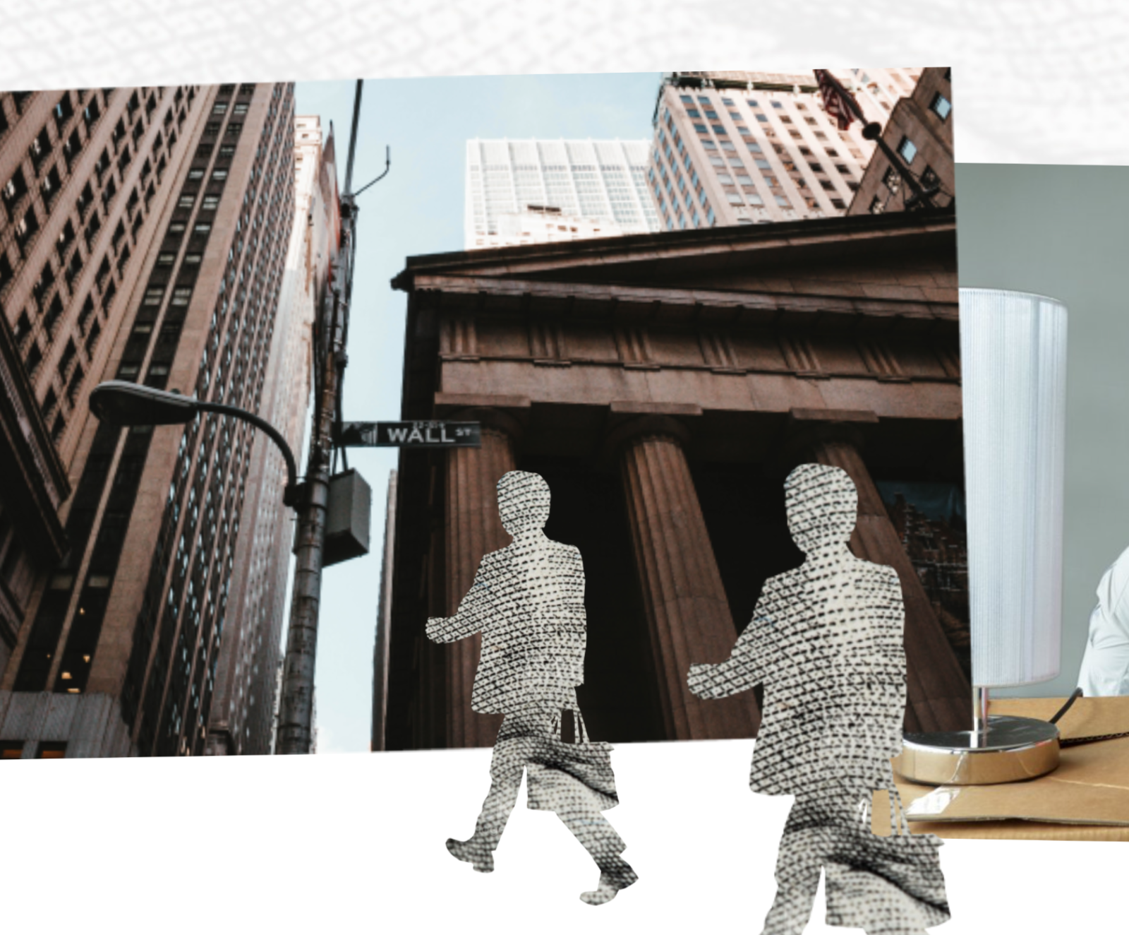 collage of images: Wall Street, two business men, and someone at work