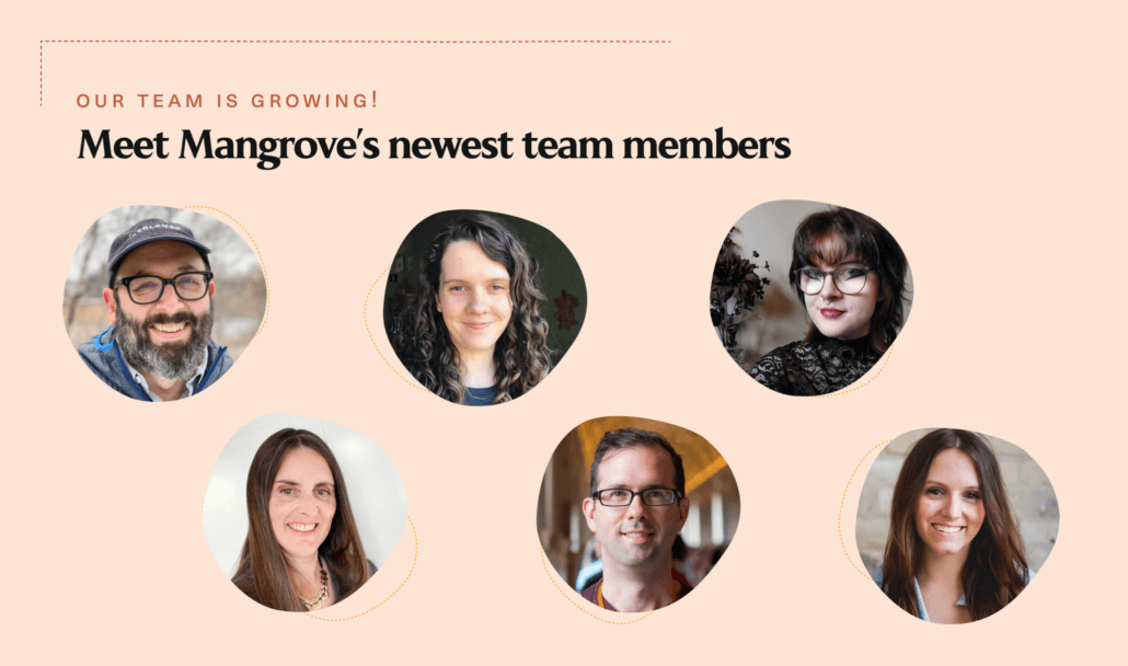 A collage of photographs of the six-member Manoverboard team: Andrew Boardman, Karen Niedzwiecki, Chloe Ross-Rogerson, Daniel Lamb, Nicky Wolfe, and Jenica Woitowicz. The text says We are growing! Meet Magrove's newest team members.
