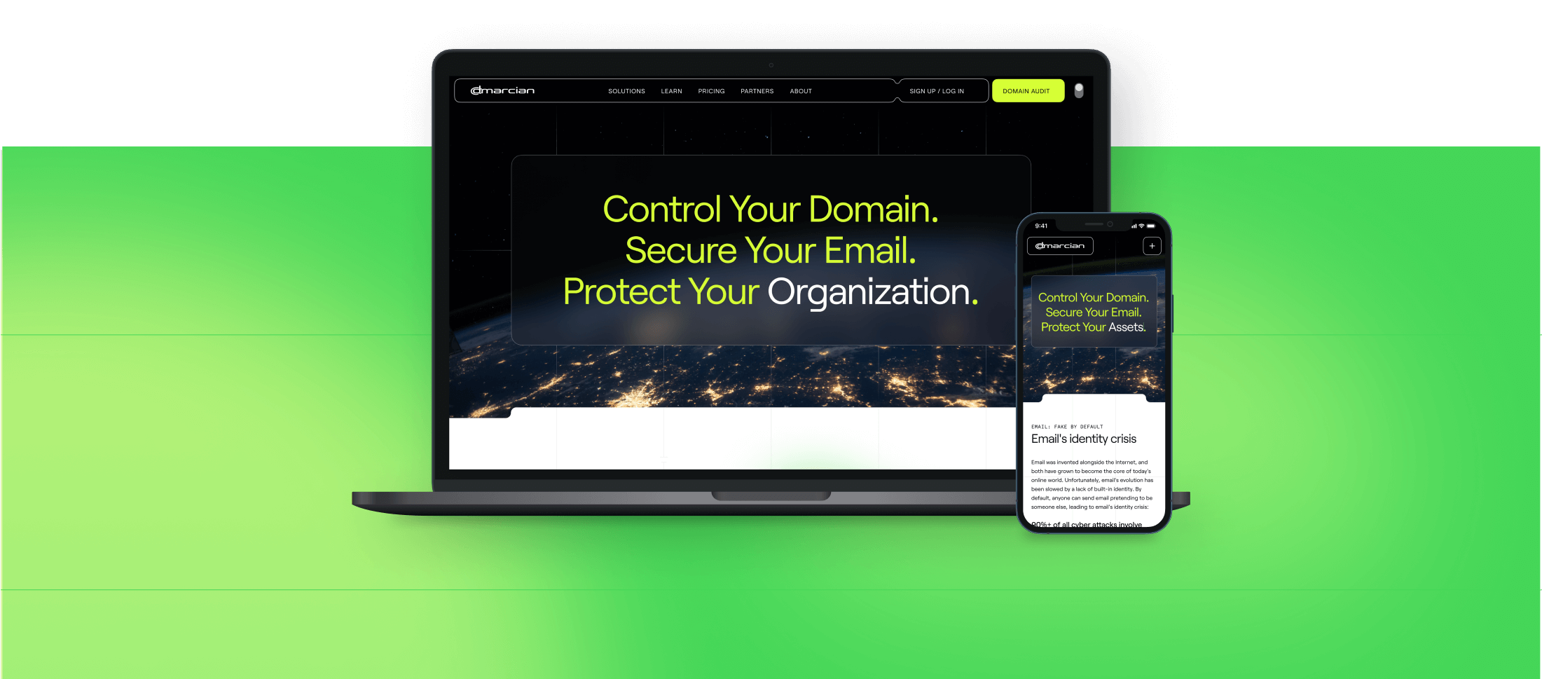 laptop and phone screen mockups of dmarcian home page