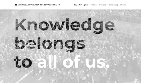 Large text headline of the online Wikimedia Annual Report reads, "Knowledge belongs to all of us."