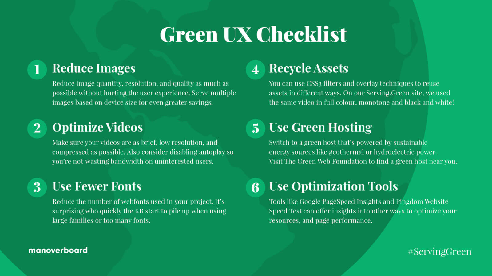 White text on green background. Green UX Checklist. 1. Reduce images. 2. Optimize videos. 3. Use fewer fonts. 4. Recycle assets. 5. Use green hosting. 6. Use optimization tools.