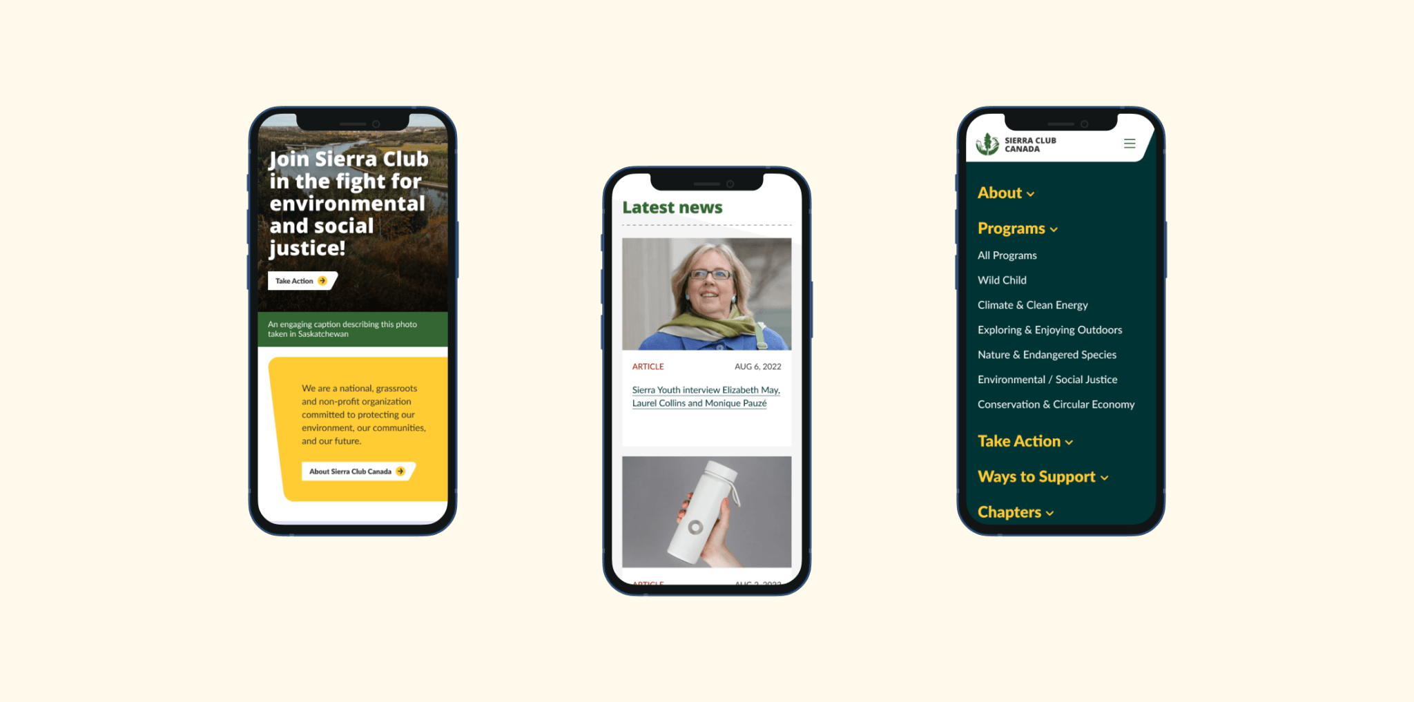 Sierra Club mobile mockups, showing that the content is slick and looks well on small screens.