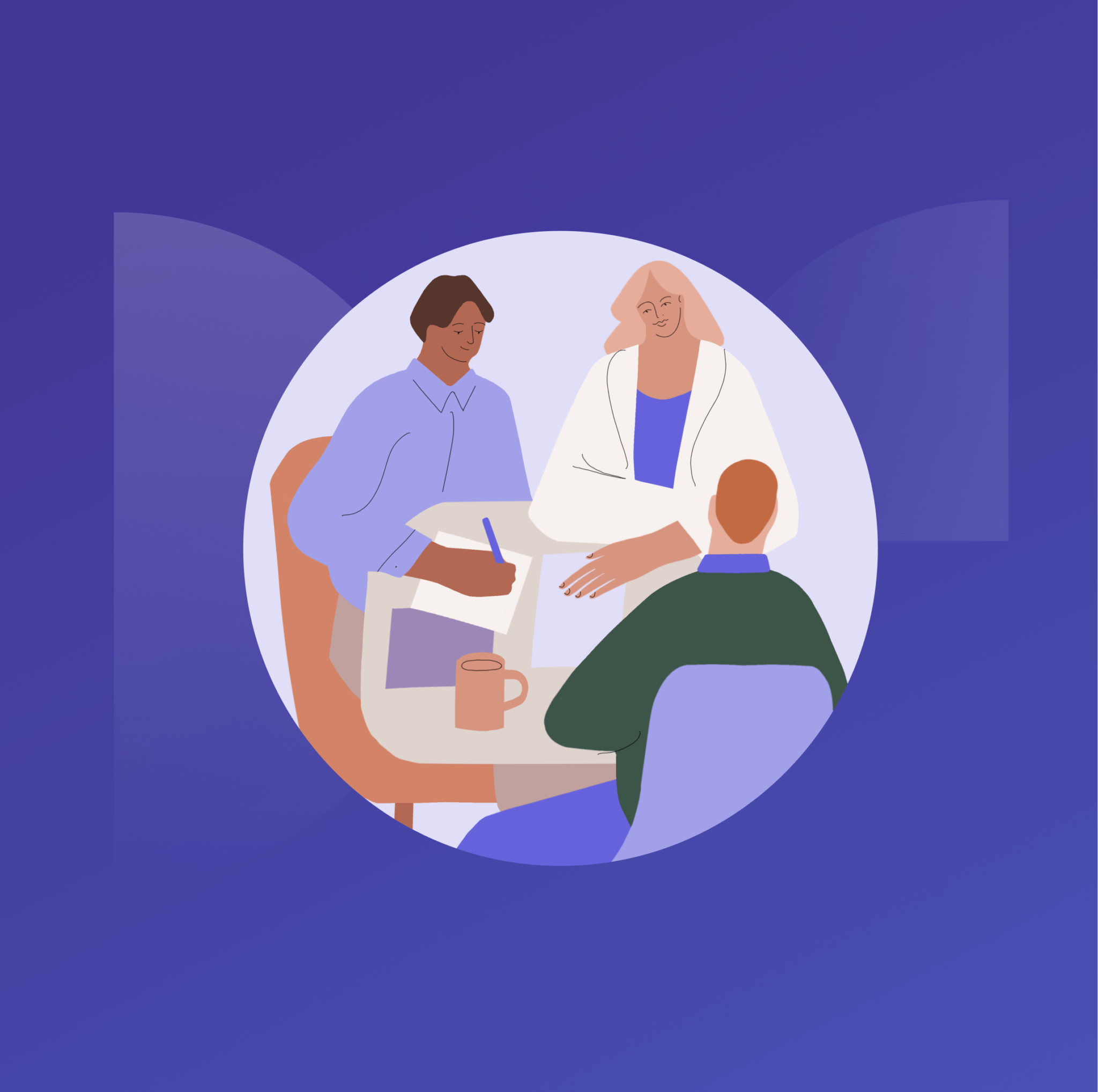 A design element from Geode Health. There is a stock illustration of a physician and two people together at a table.