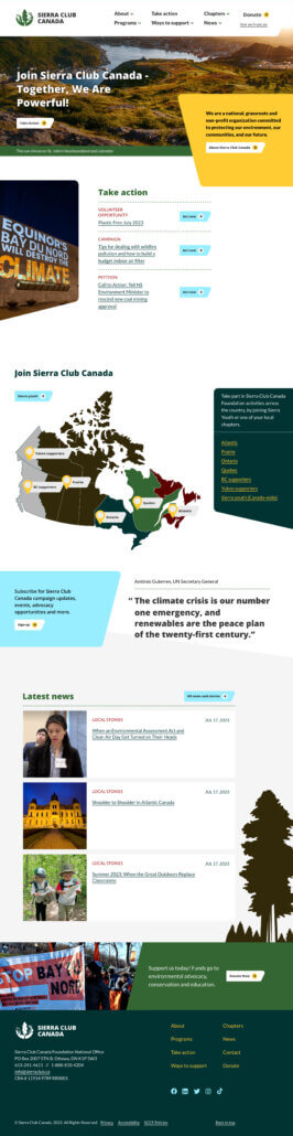 Sierra Club Home Page Screenshot. The natural beauty of Canada is a feature here, and the need to protect it through collective action.