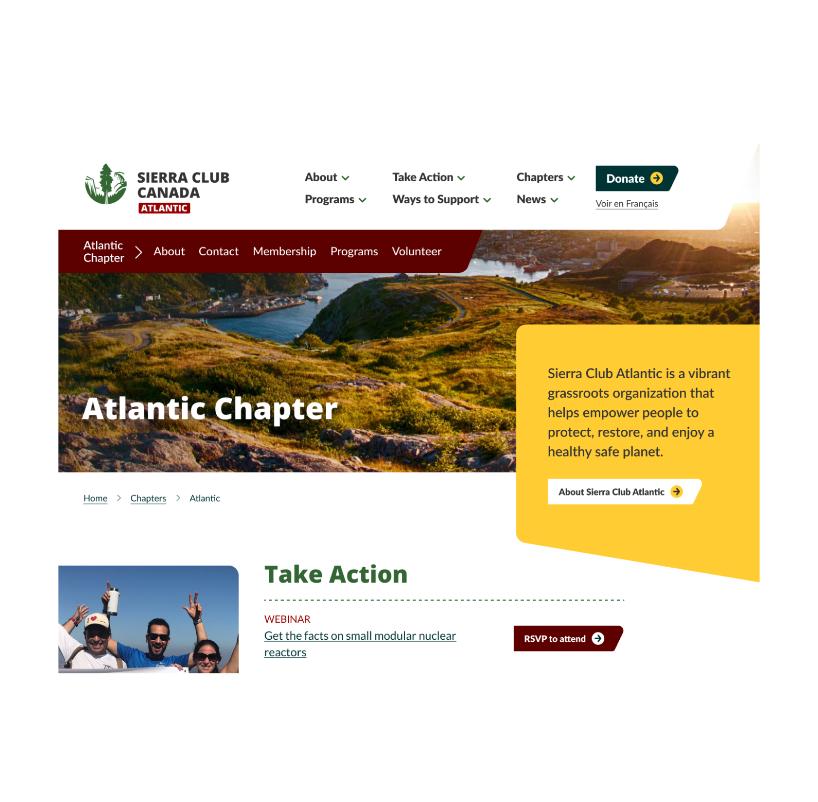 Sierra Club Atlantic Chapter's homepage. While similar to the homepage, it's customized content so that it's just specific to Atlantic Canada.