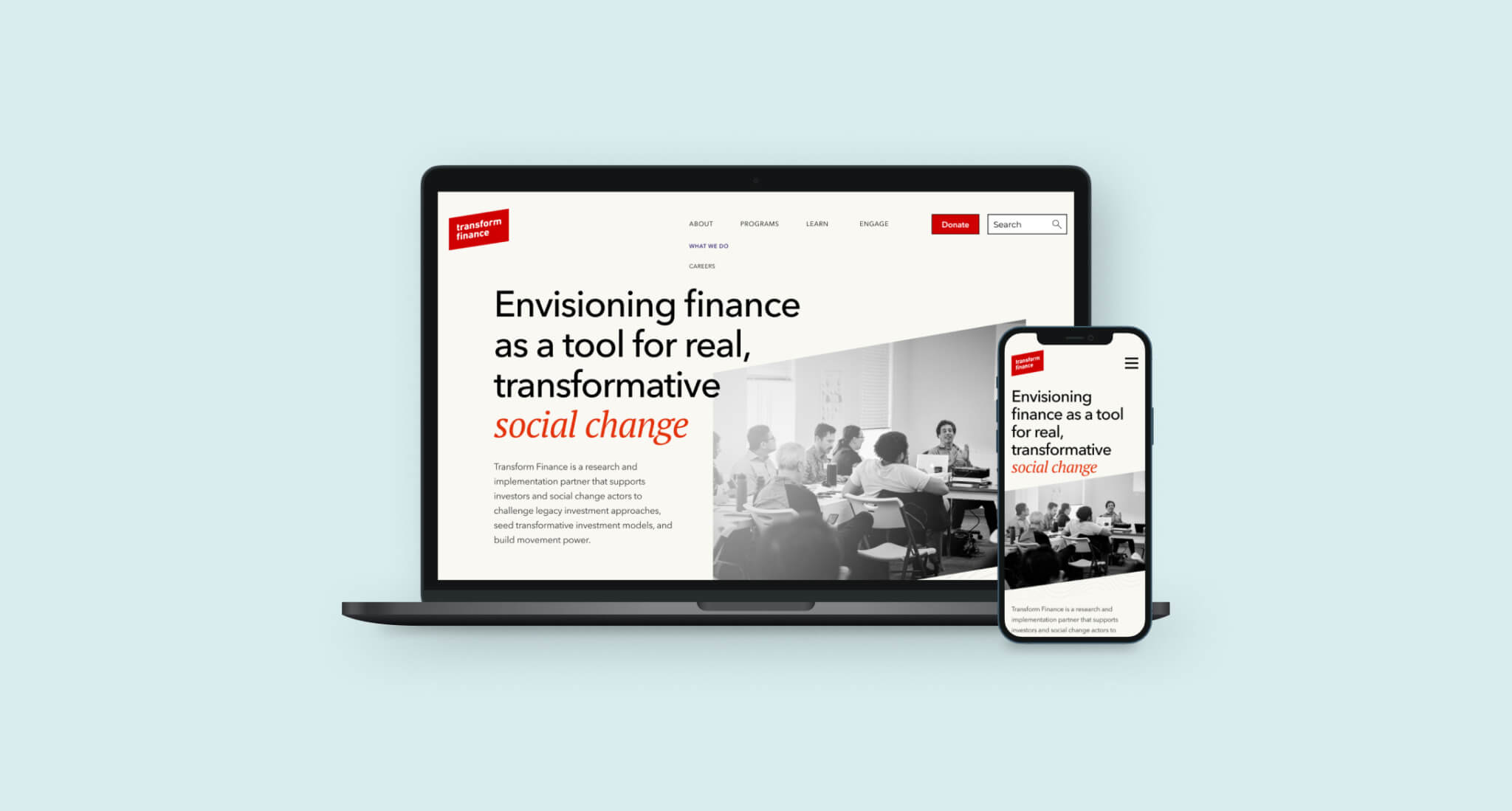 Transform Finance Home page on laptop and mobile screen