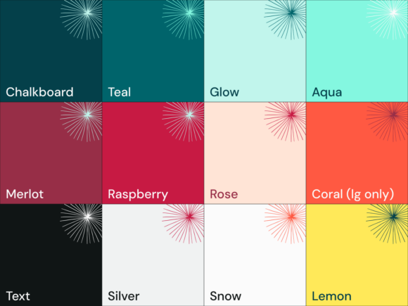 Mangrove's bold new color palette - chalkboard, teal, glow, aqua, merlot, raspberry, rose, coral, black (used for text) silver, snow, lemon