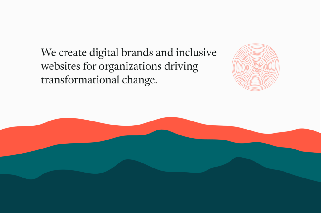 Mangrove's website homepage with coral and green illustrated mountains. We create digital brands and inclusive websites for organizations driving transformational