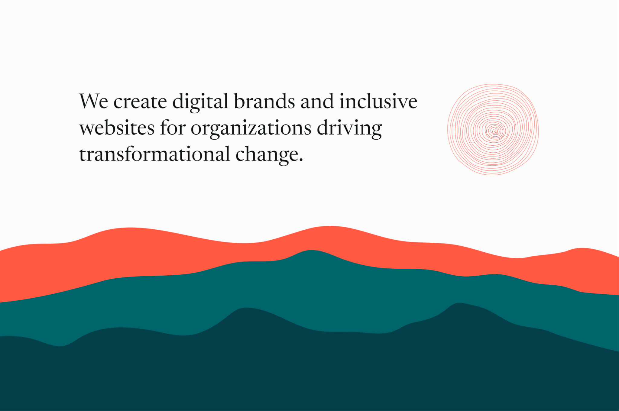 Mangrove's website homepage with coral and green illustrated mountains. We create digital brands and inclusive websites for organizations driving transformational