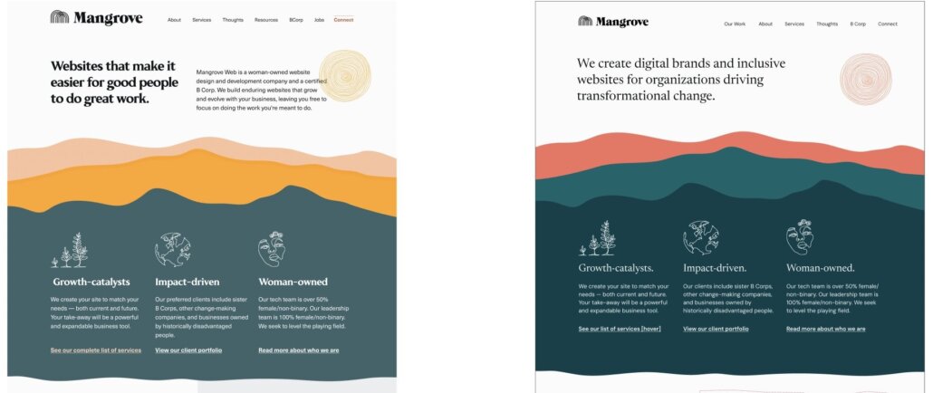 Screenshot of Mangrove home page on left with more muted color palette. Screenshot of new home page with brighter colors and updated typefaces.