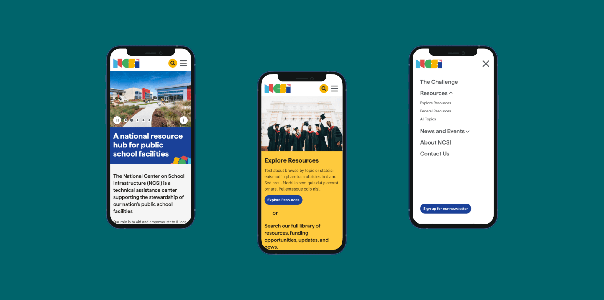 NCSI mock-up on three mobile screens