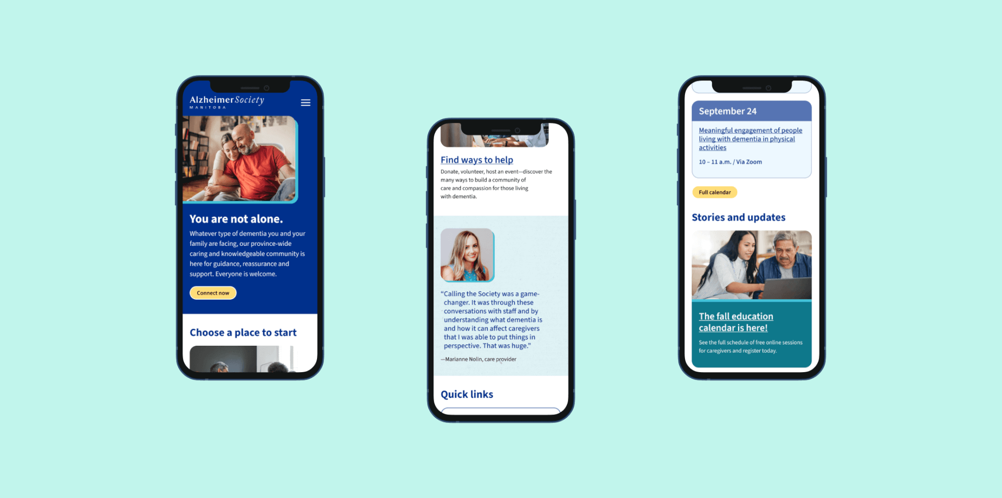 Alzheimer Society of Manitoba website on three mobile screens