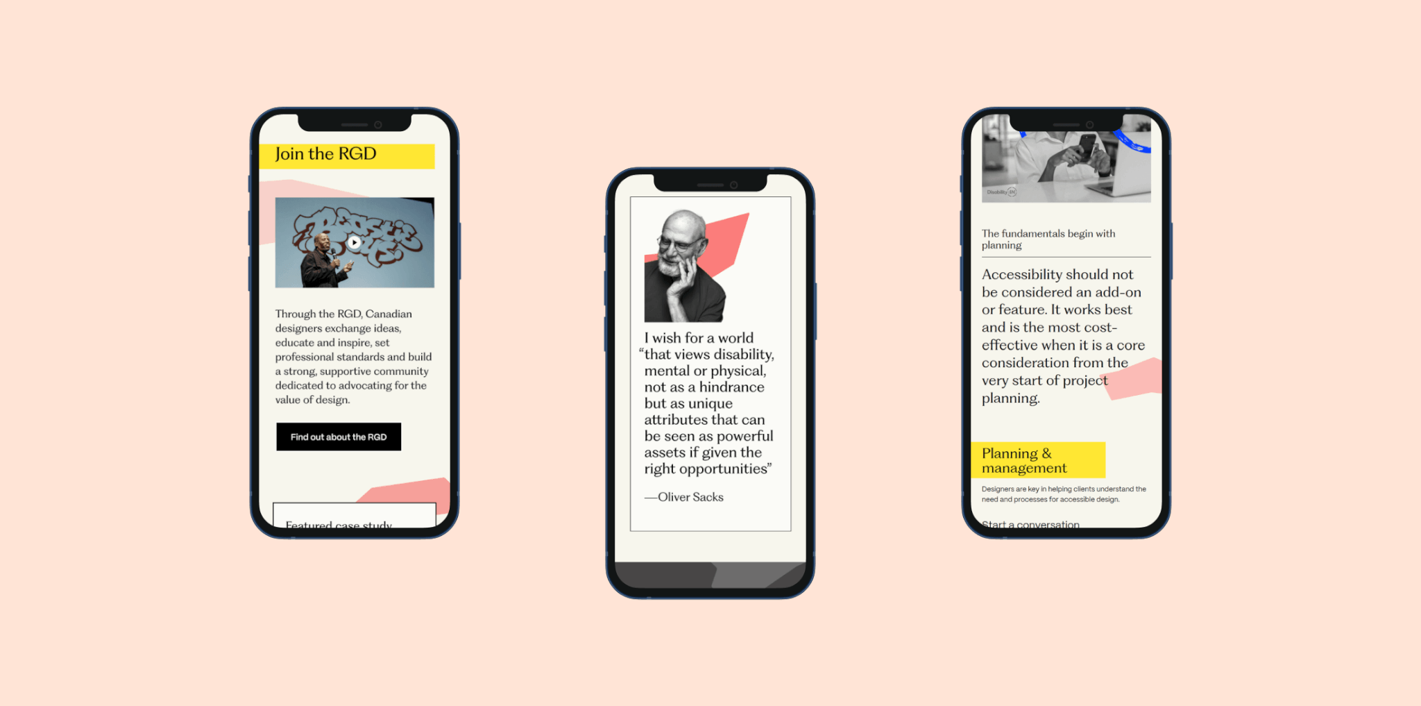 RGD AccessAbility on three mobile screens