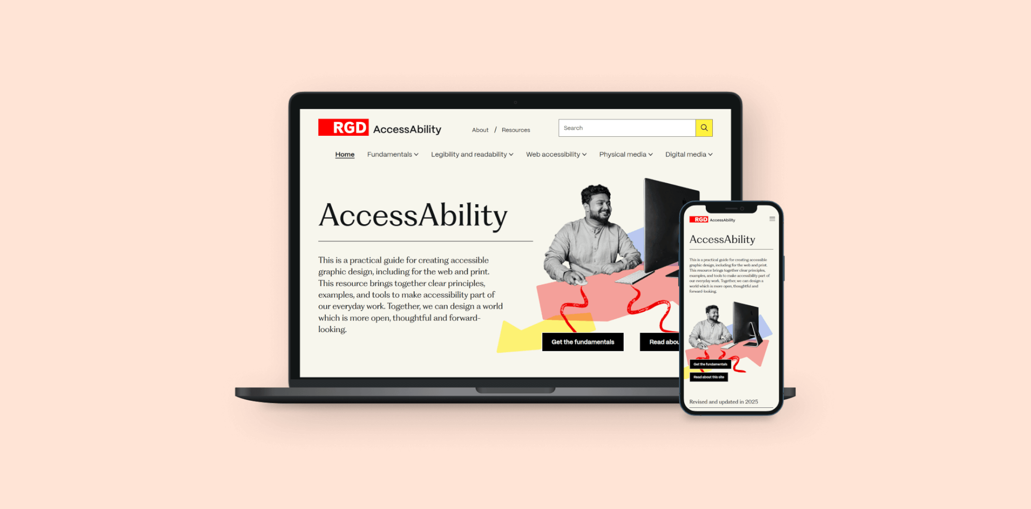 RGD AccessAbility home page mockup on laptop and mobile screens