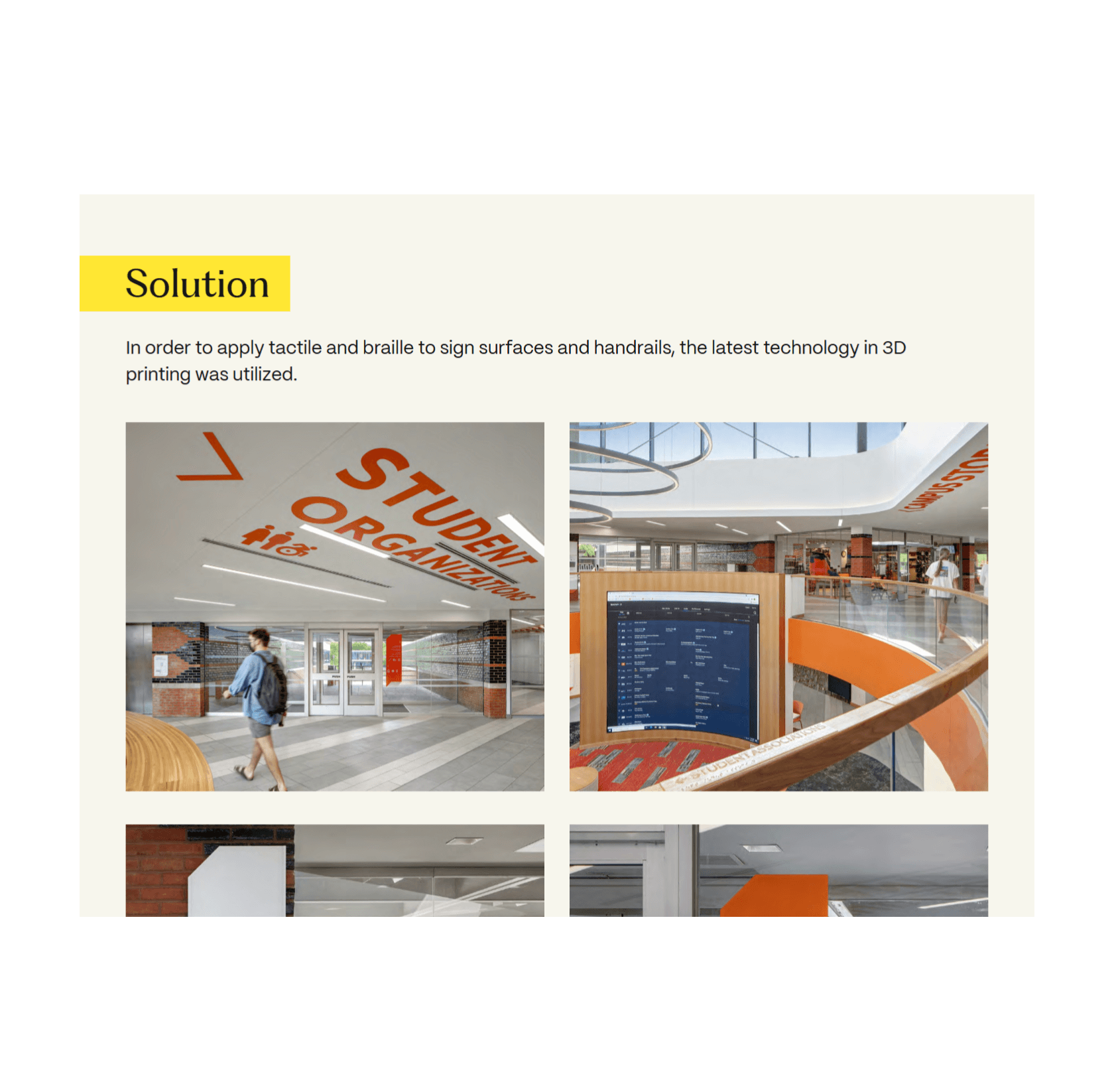 Screenshot of Solution section in which images of accessible physical spaces with 3D printed braille are shown