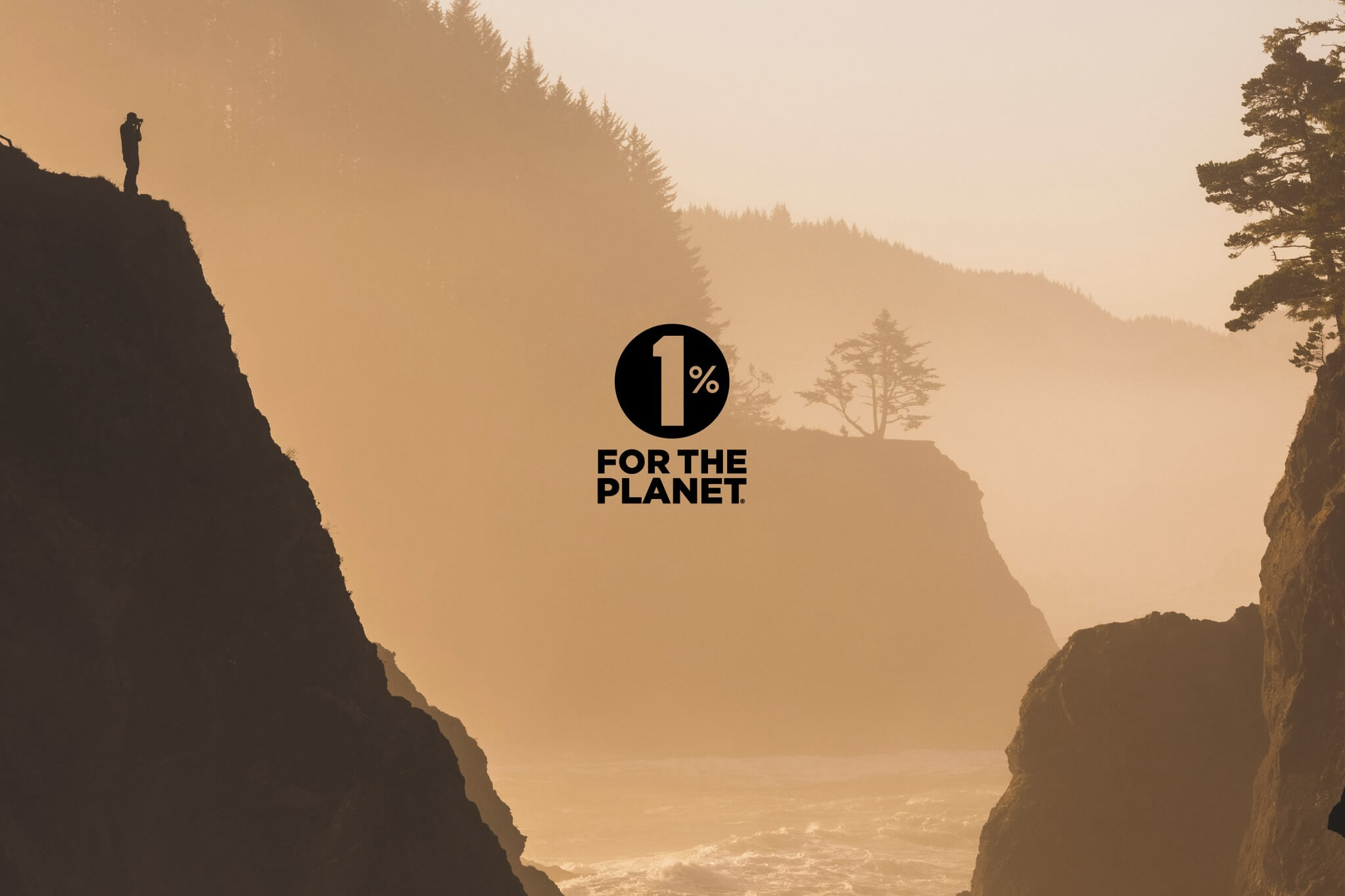 A person stands on a rocky cliff overlooking the ocean with trees and rock formations in the background. The 1% for the Planet logo is centered in the image.