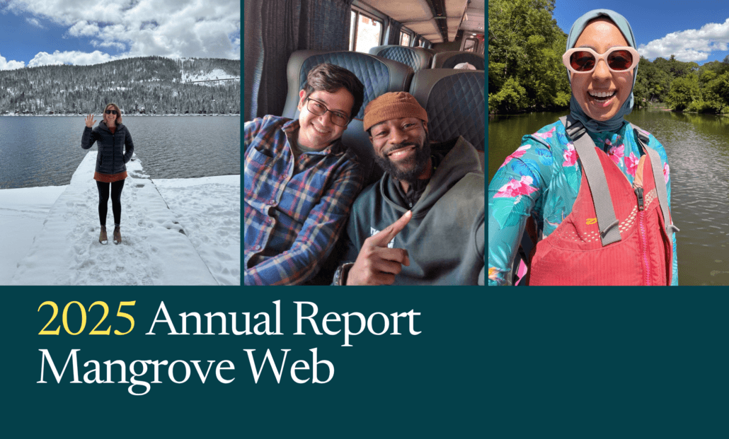 Collage of images with Mangrove team members outside and travelling together and the title 2025 Annual Report, Mangrove Web
