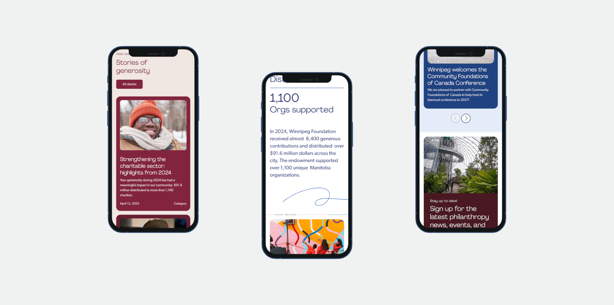 Winnipeg Foundation website on three mobile screens